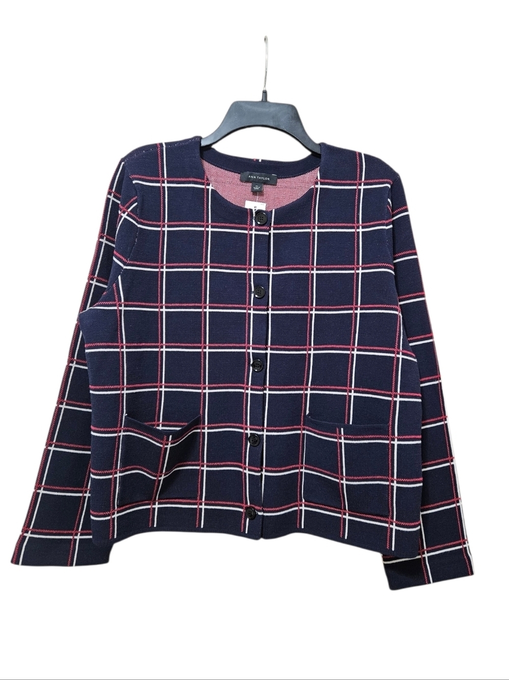 Ann Taylor Navy Windowpane Button Cardigan with Pockets NEW Career